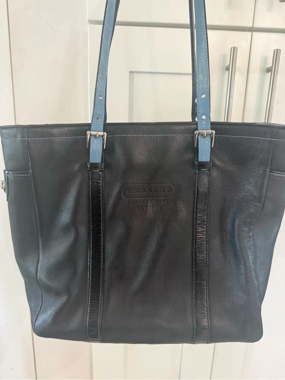 Coach Black Leather Tote with Light Blue Straps